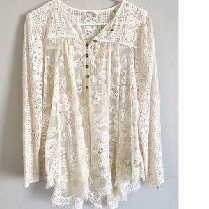 Floreat (Anthropologie) Scalloped Lace Henley Ivory Lace Long Sleeve Shirt